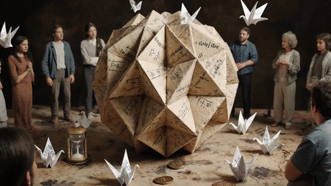 Community gathered around a folded paper voting sphere with cranes and math patterns