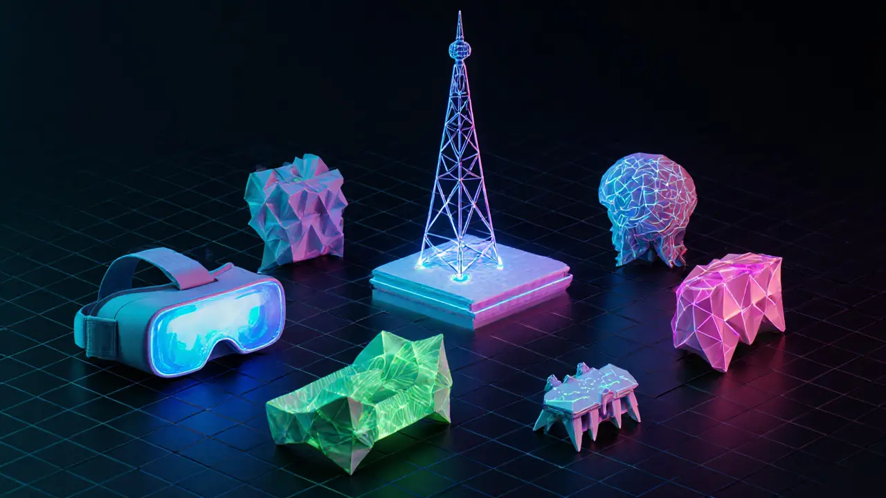 Folded paper representations of AR glasses, VR headset, blockchain, AI, 5G, edge, and IoT arranged in a circle.