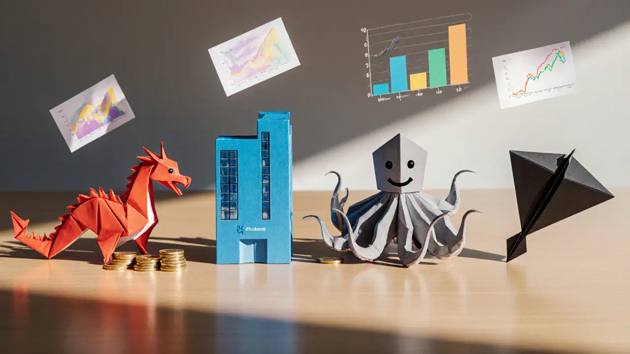Four origami figures representing Binance, Coinbase, Kraken, and Bybit with distinct features.