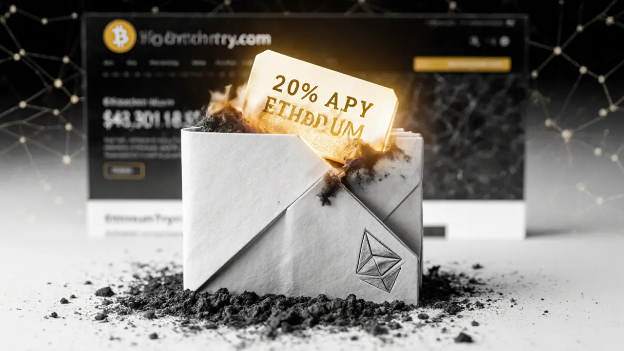 Fragile paper wallet made of BTTY tokens, one corner burning, with staking reward label above.