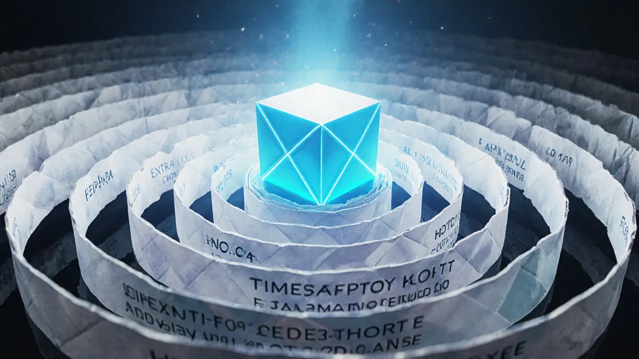Futuristic origami block with layered extra nonce strips and glowing core.