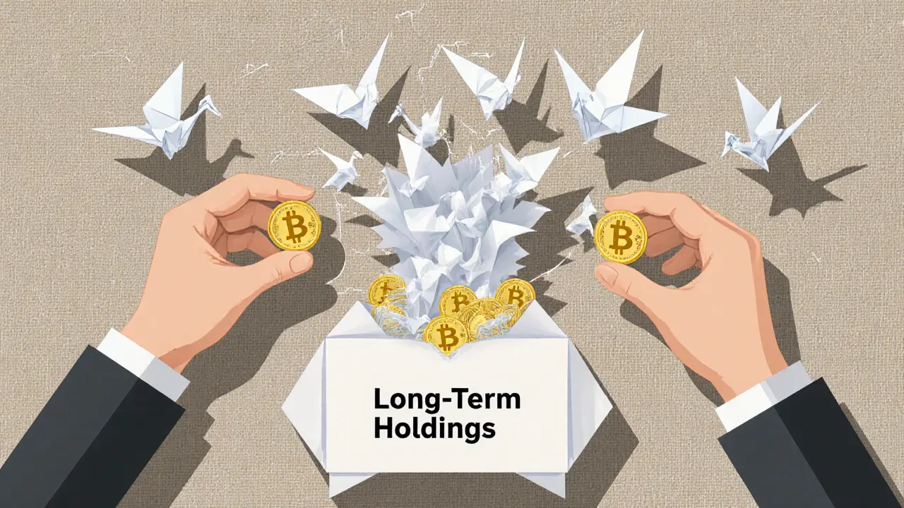 Hand placing Bitcoin into a paper vault while trading coins swirl in a paper whirlwind with AI cranes above.