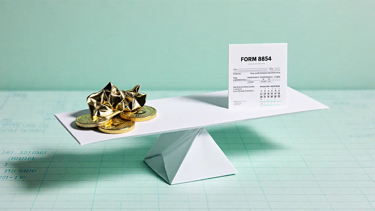 Origami balance scale comparing crypto coins and tax forms.