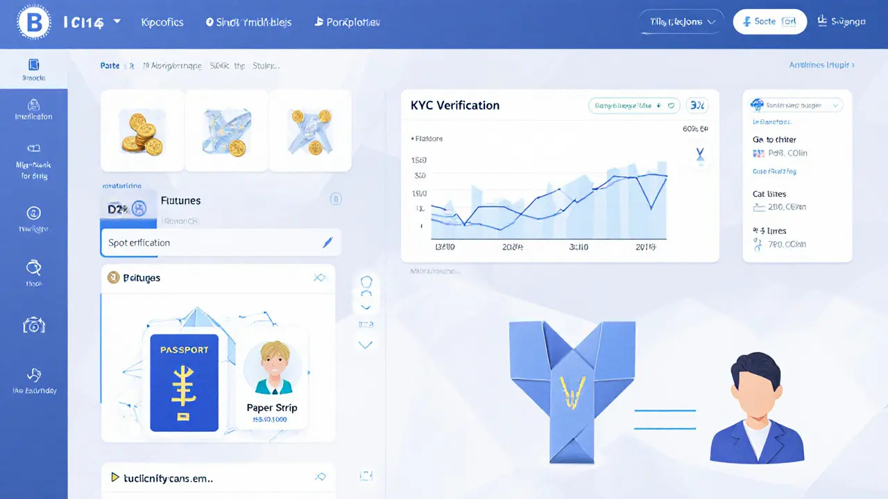 Origami BICC Exchange dashboard showing spot, futures, KYC and JPY transfer icons.