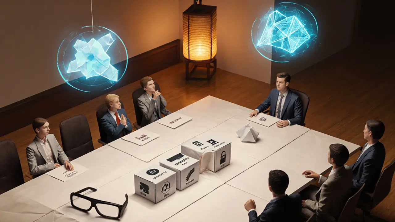 Origami business meeting with modular blocks, AR glasses, and floating NFT models on a paper table.
