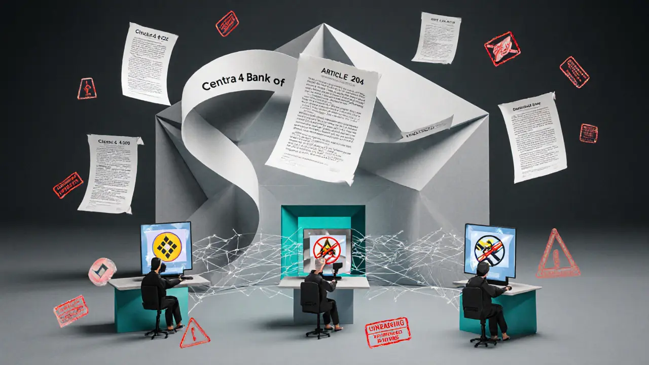 Origami Central Bank blocking Binance and Coinbase icons with paper monitors.