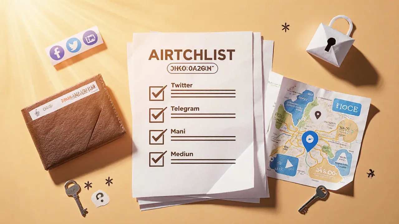 Origami checklist, wallet, lock and map indicating steps to claim future O3 airdrops.