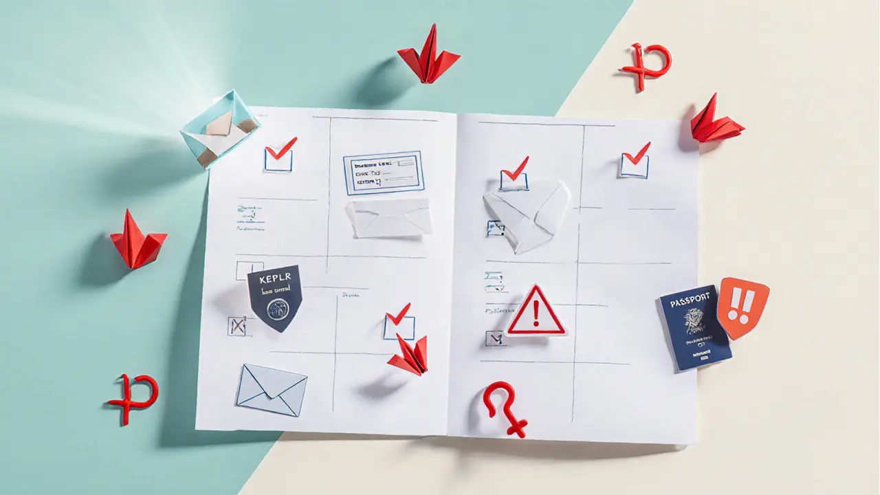 Origami checklist with wallet, email, ID, and phishing warning symbols.
