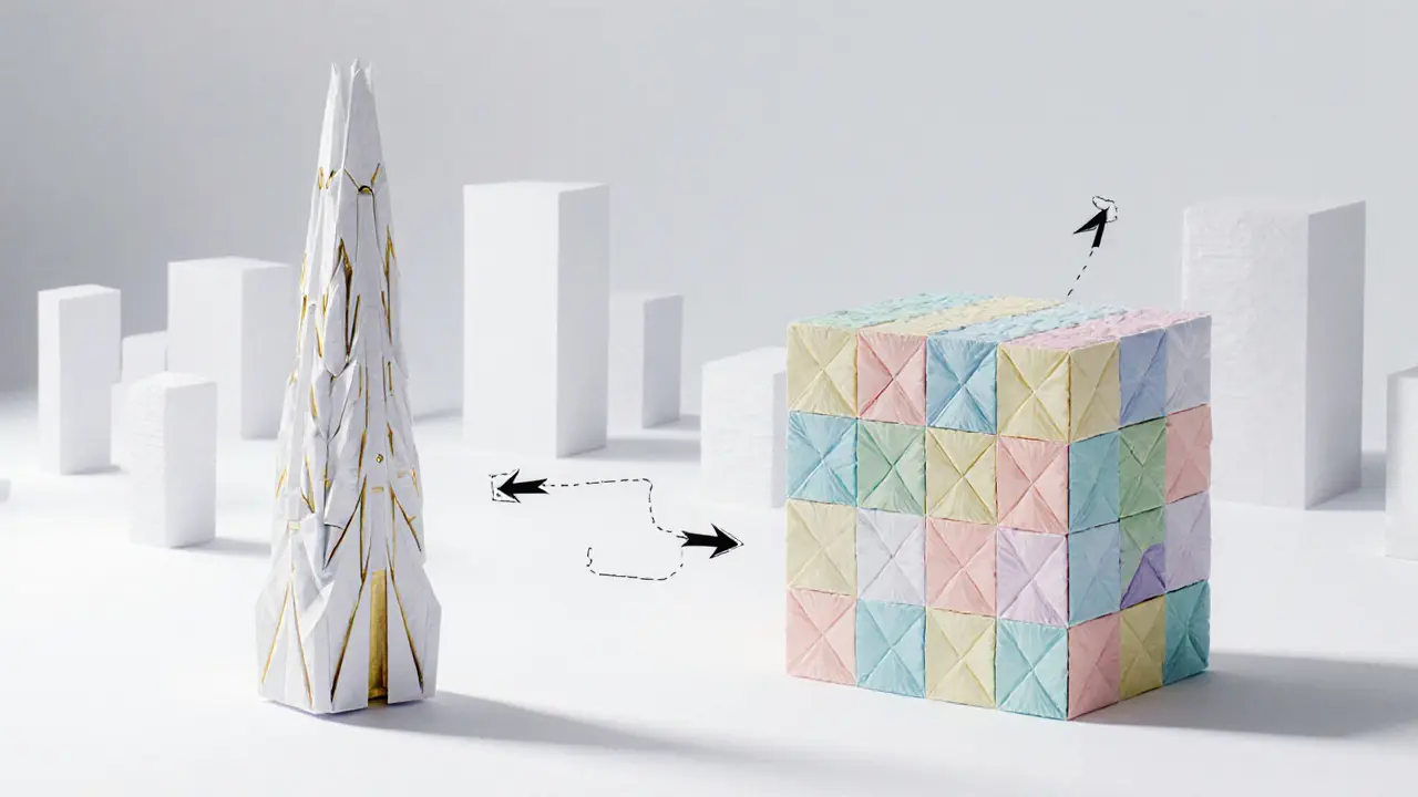 Origami cityscape contrasting a lone tower and a modular block grid representing token standards.