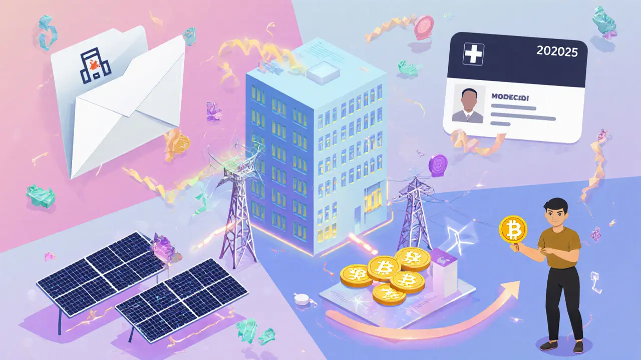 Origami collage of healthcare, identity, tokenized assets, energy, and gaming blockchain uses.