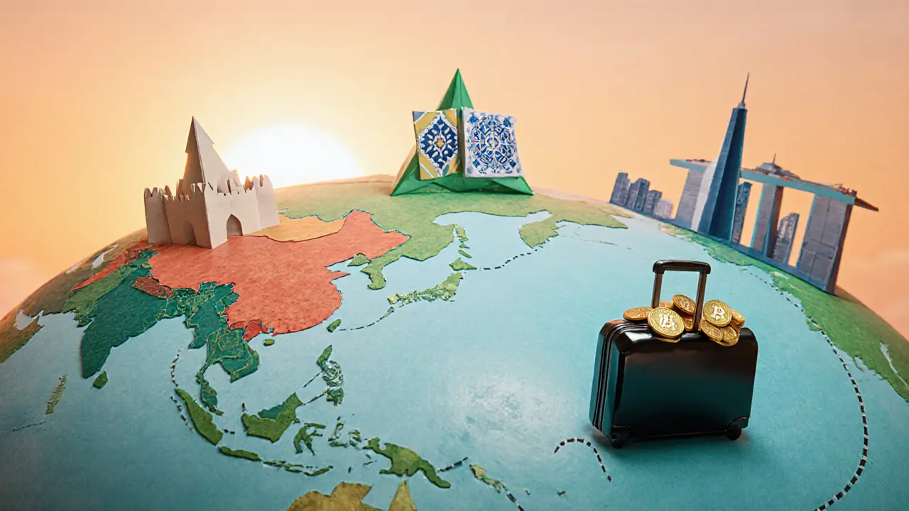 Origami globe highlighting Malta, Portugal, Singapore with crypto suitcase.