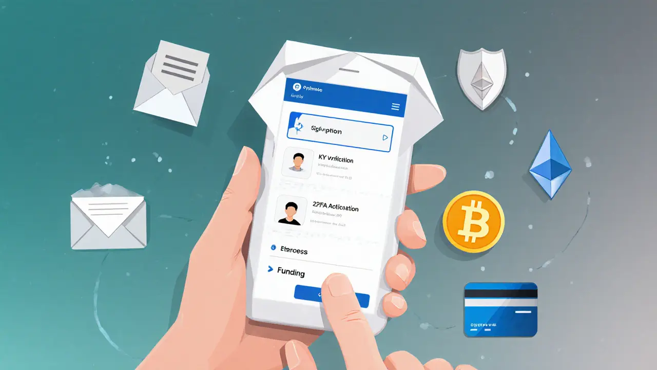 Origami hand holding a phone with sign‑up steps, Bitcoin and Ethereum tokens floating.