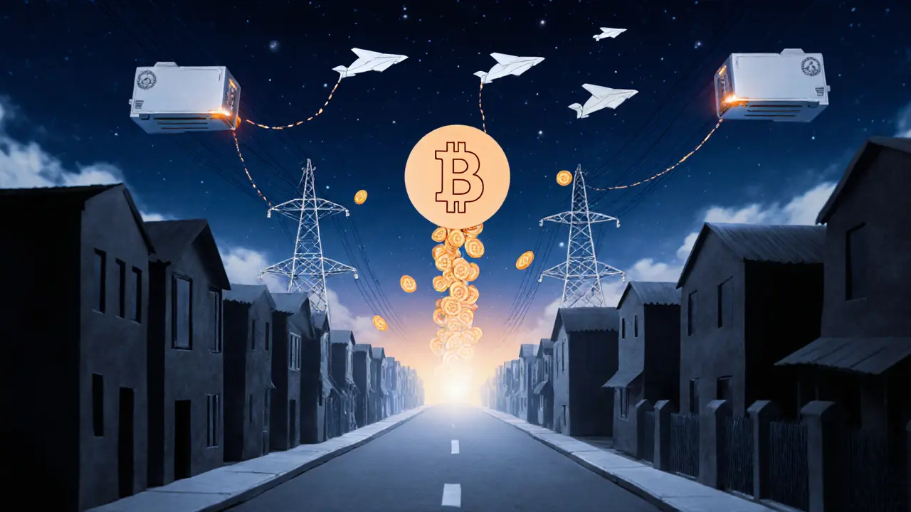Origami Iranian town in blackout with energy‑draining Bitcoin vortex and paper planes.