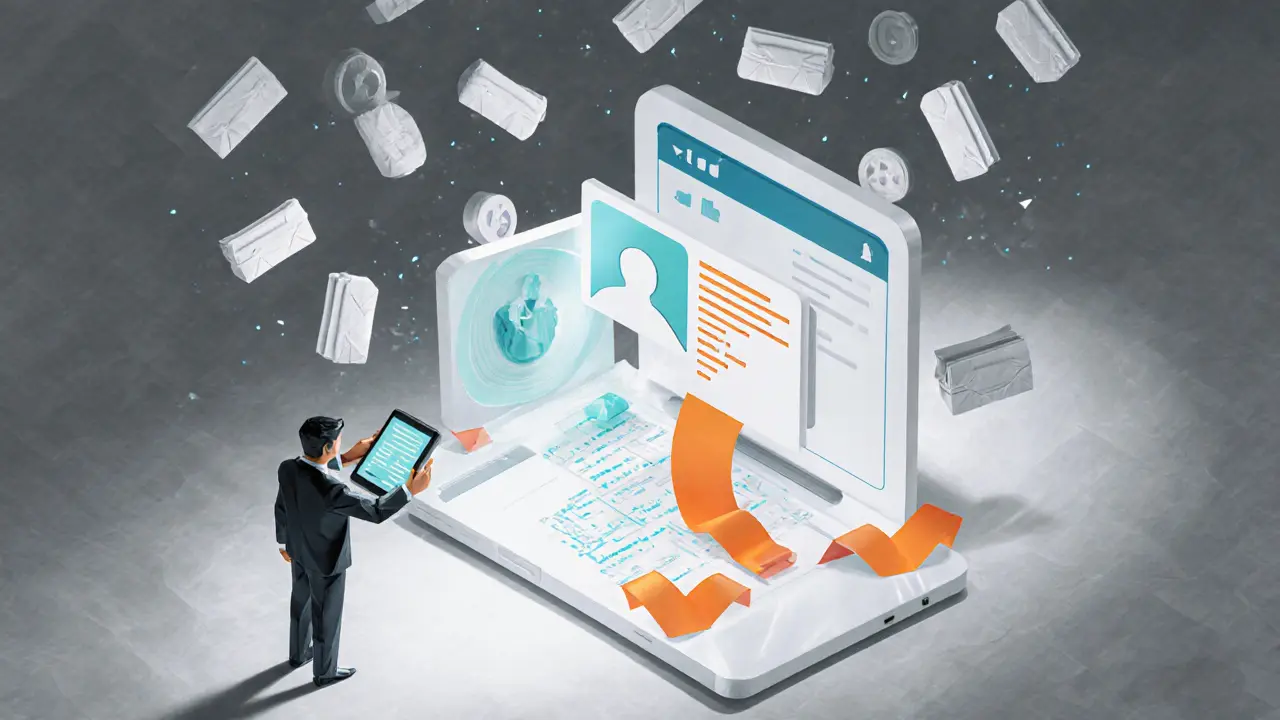 Origami laptop showing LinkedIn profile and Python script, with paper figures and floating crypto coins.