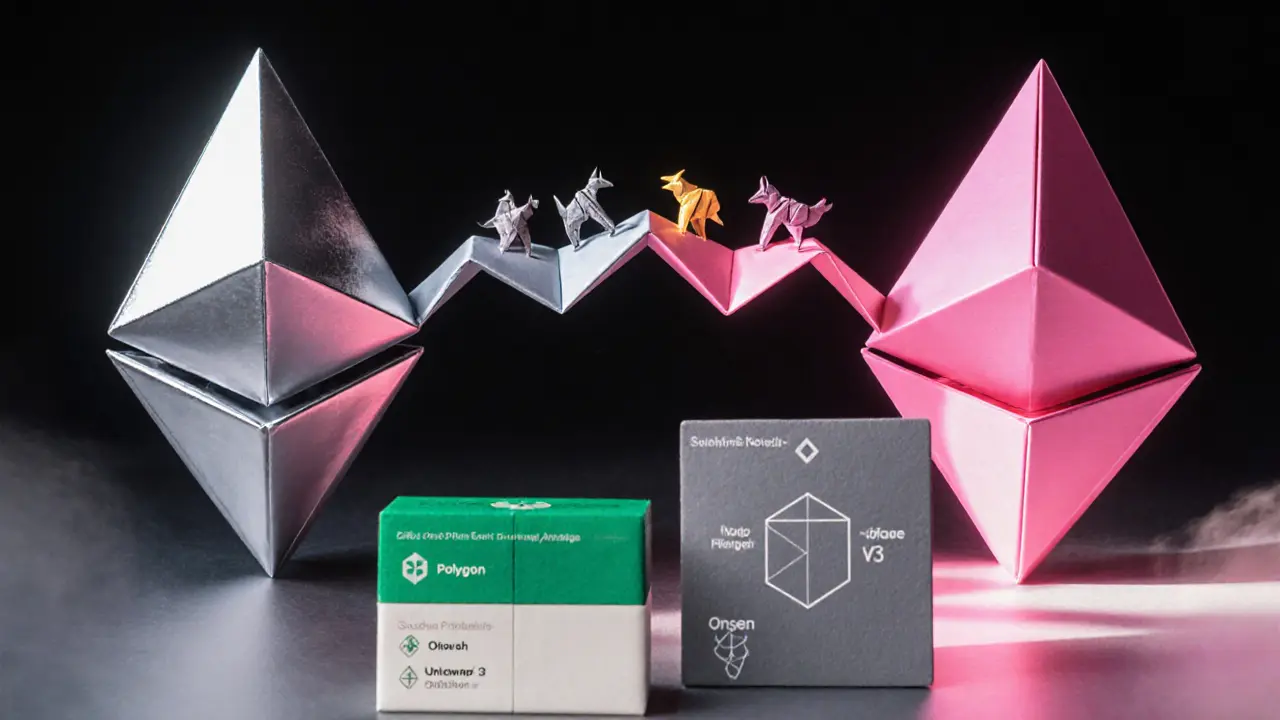 Origami map shows multichain bridge between Ethereum and Polygon with sushi tokens.