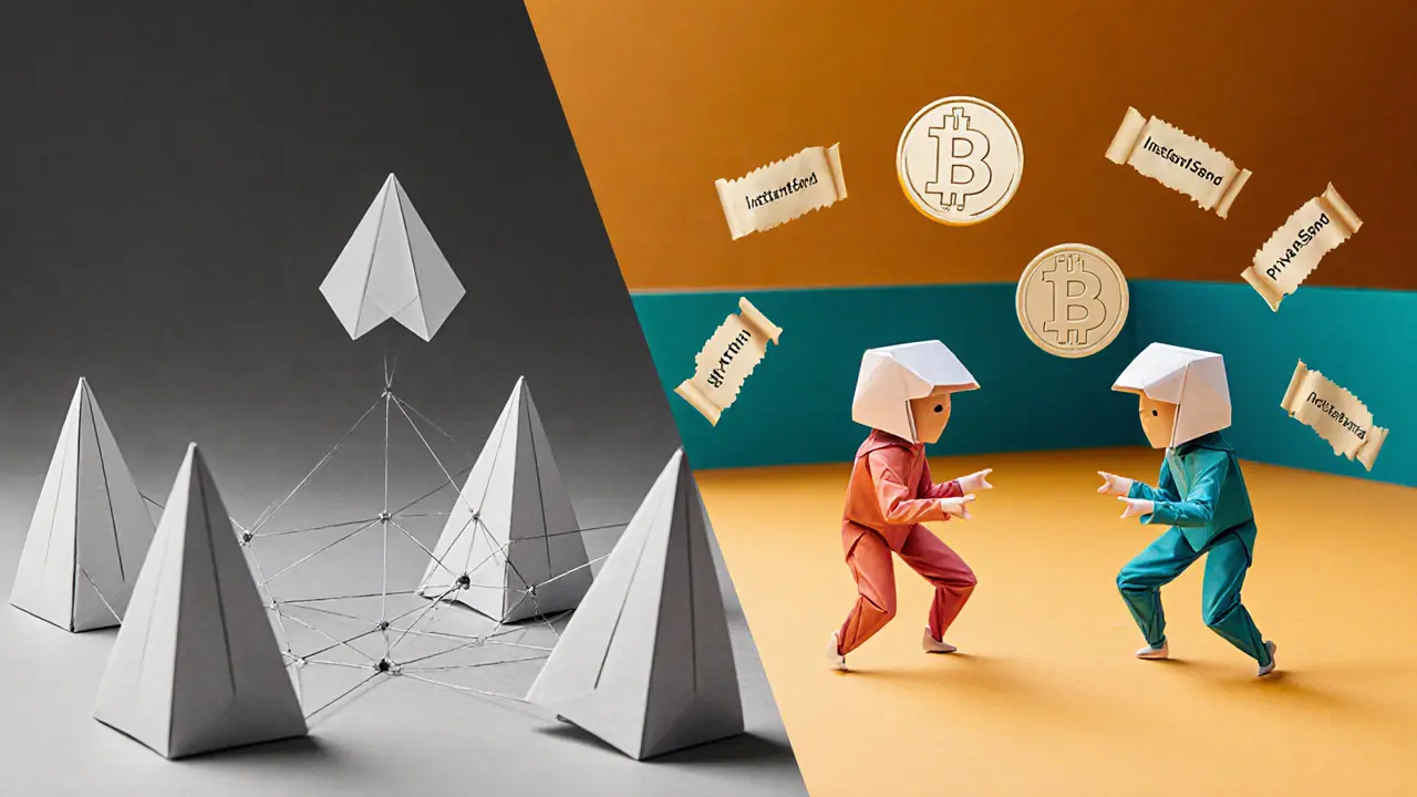 Origami masternode network on left, gaming avatars with tokens on right, split screen.