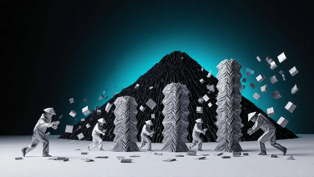 Origami miners with ASIC towers and cascading paper representing hash attempts.