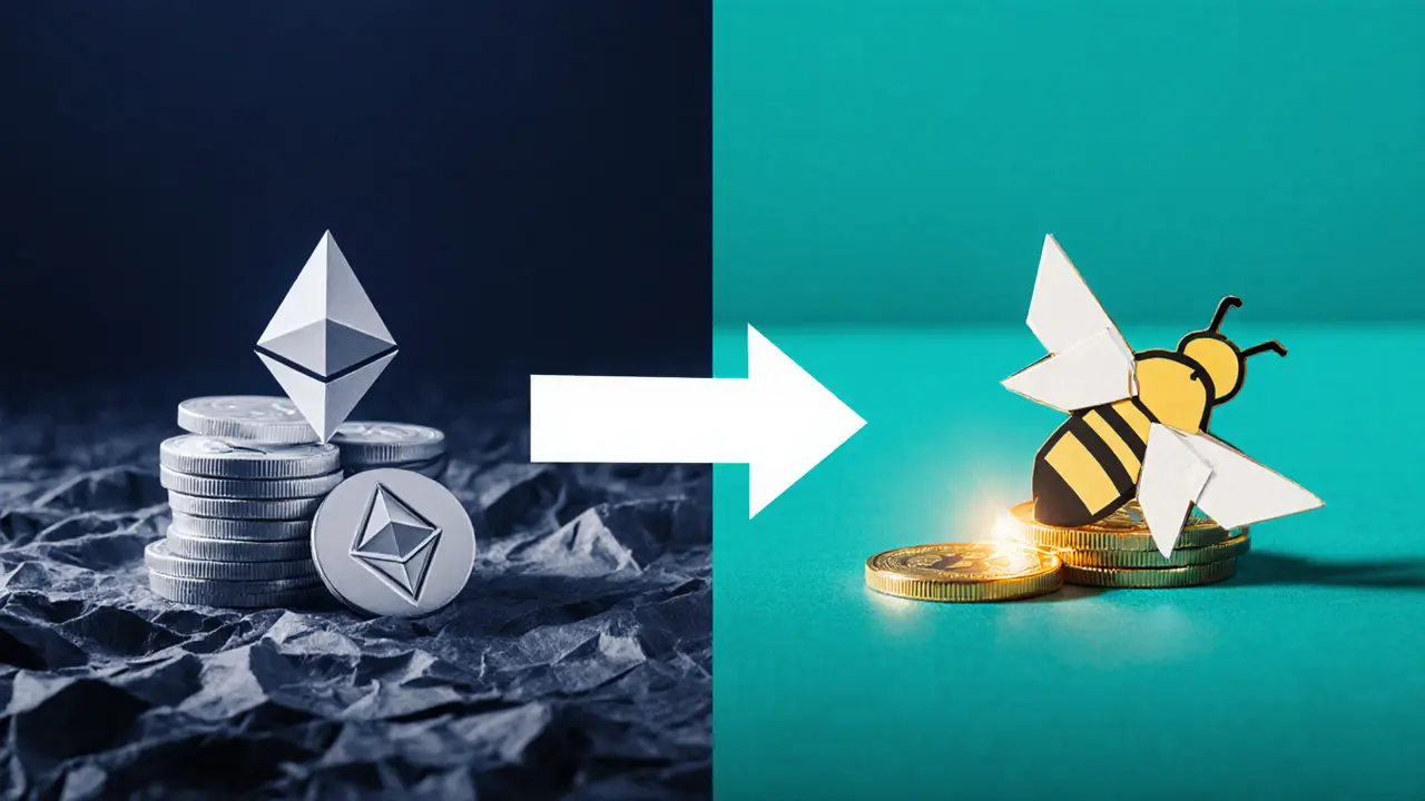 Origami paper tokens moving from Ethereum logo to BNB Chain logo showing migration.