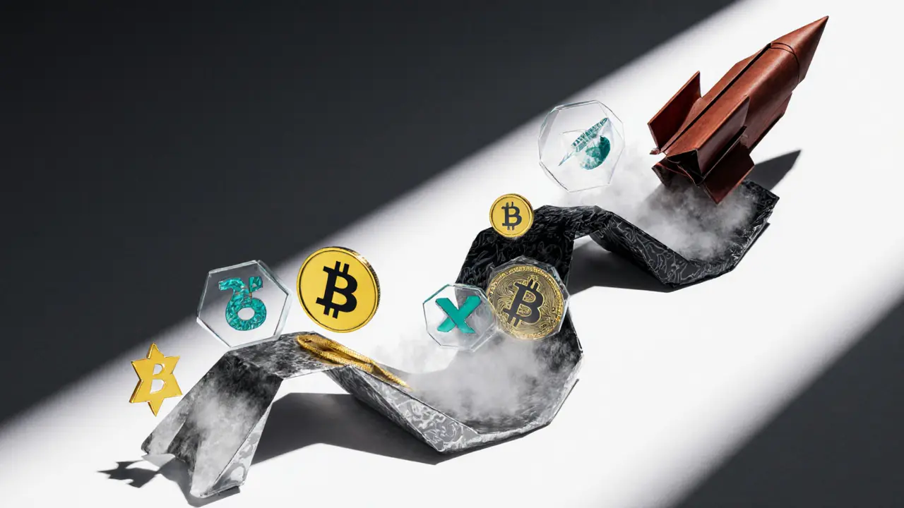 Origami pipeline of folded bridges moving paper coins through DEX icons into a missile component.