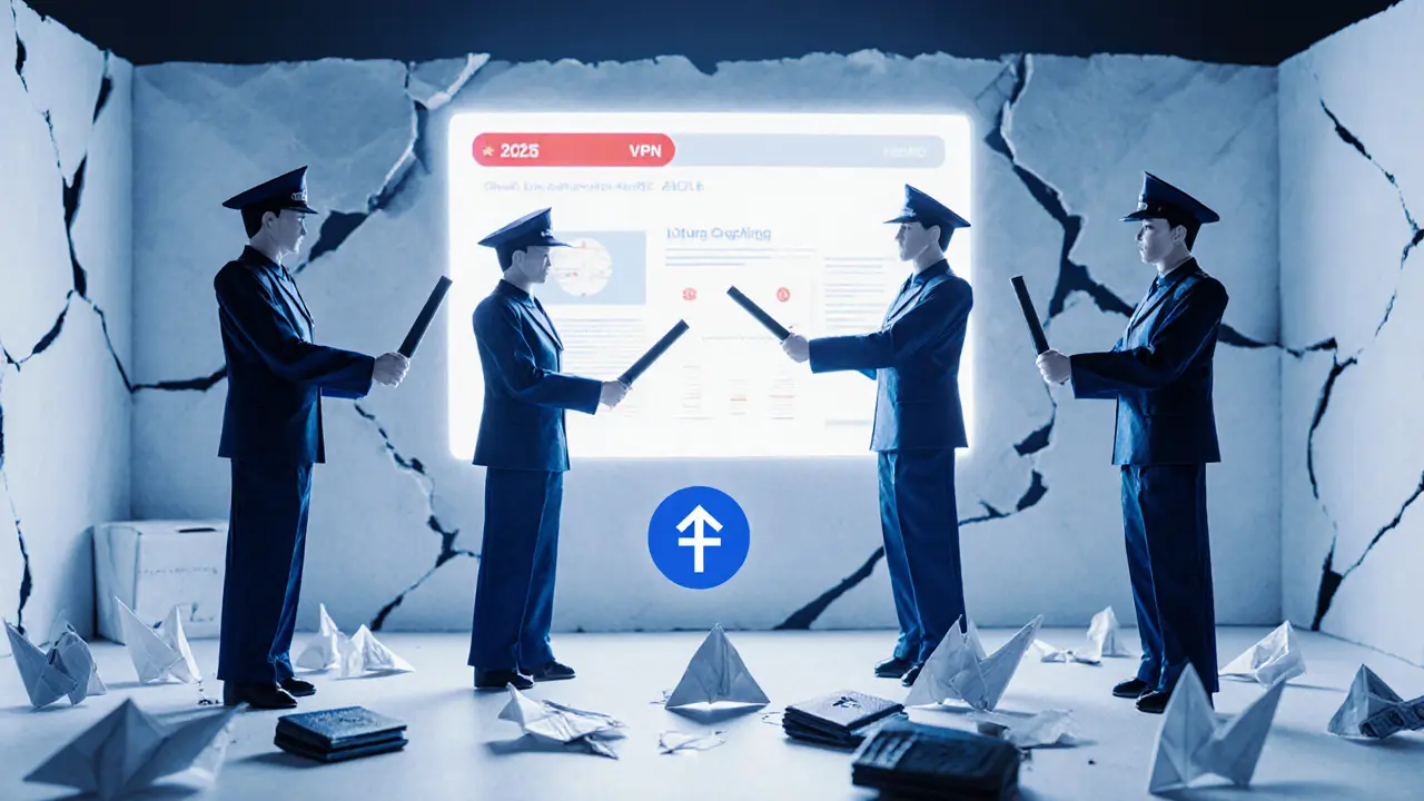 Origami police raid a crypto office with AI screens and a broken Tether logo.
