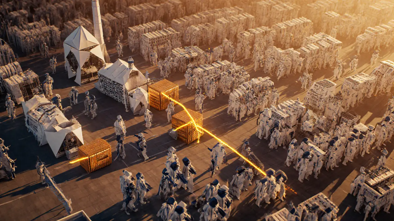 Origami Rafsanjan Bitcoin farm guarded by paper soldiers and hardware crates.