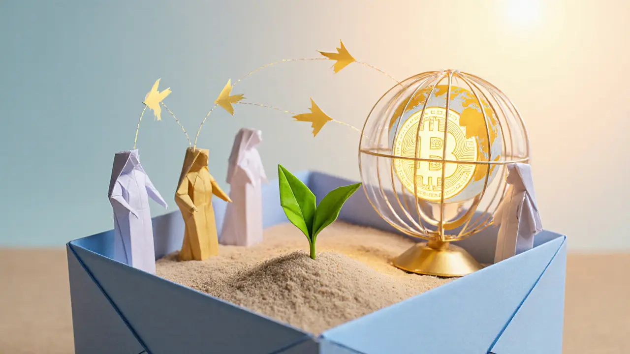 Origami sandbox showing a green sprout and arrows toward a hopeful crypto future.