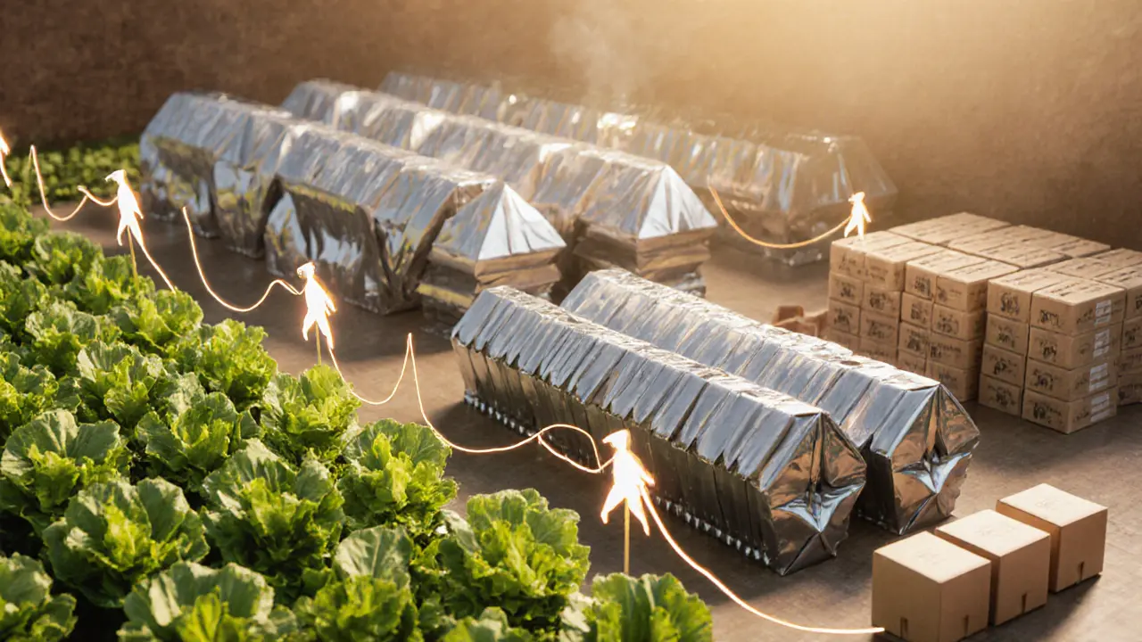 Origami supply chain showing farm, factory, and store linked by a paper chain.