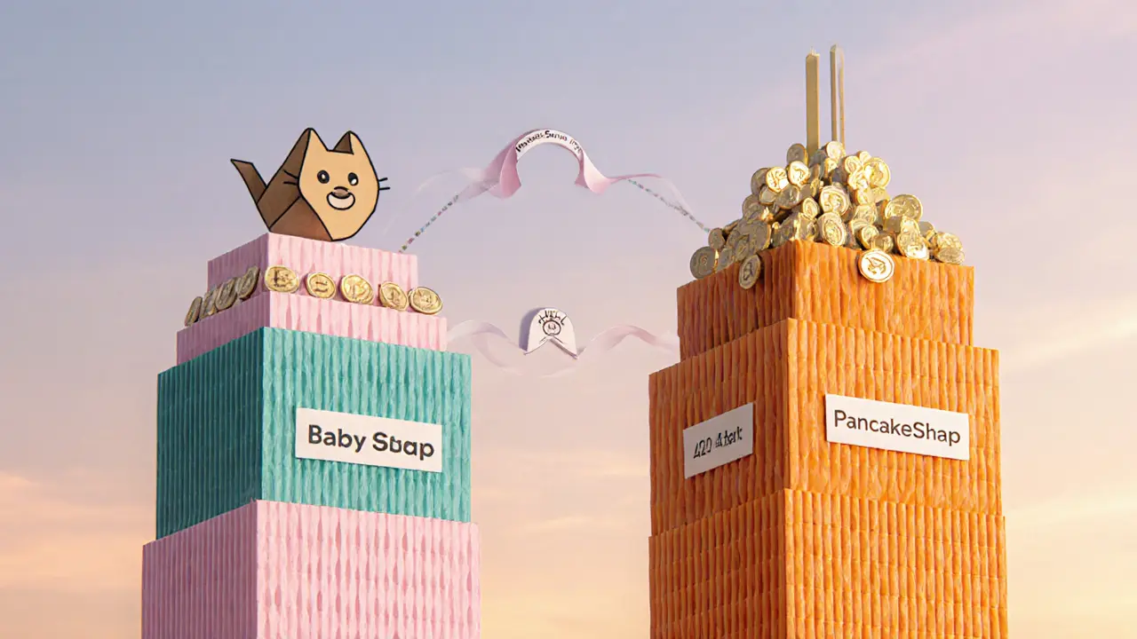 Origami towers comparing Baby Doge Swap and PancakeSwap with token counts and fee discounts.