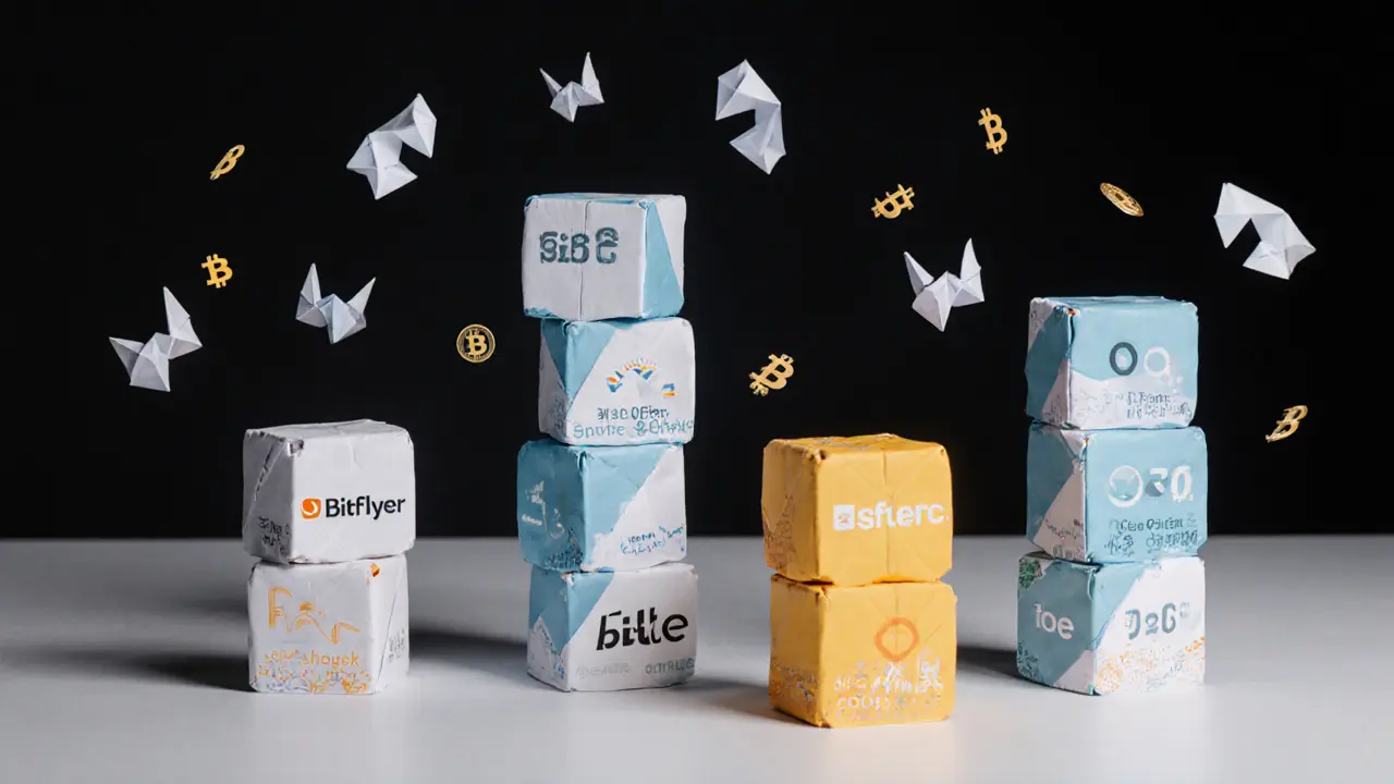 Origami towers comparing BICC, BitFlyer, Coincheck, and GMO Japan trading volumes.