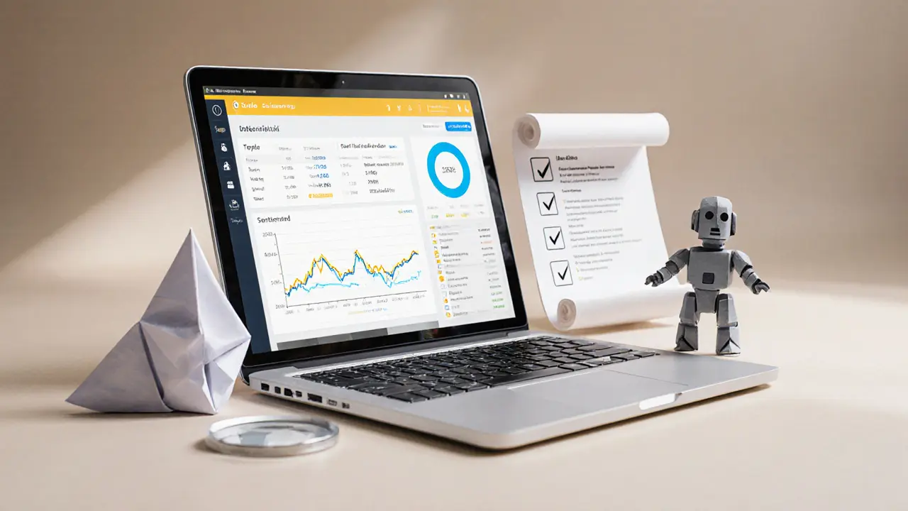 Origami trader desk with laptop, data tools, and checklist, watched by a robot.