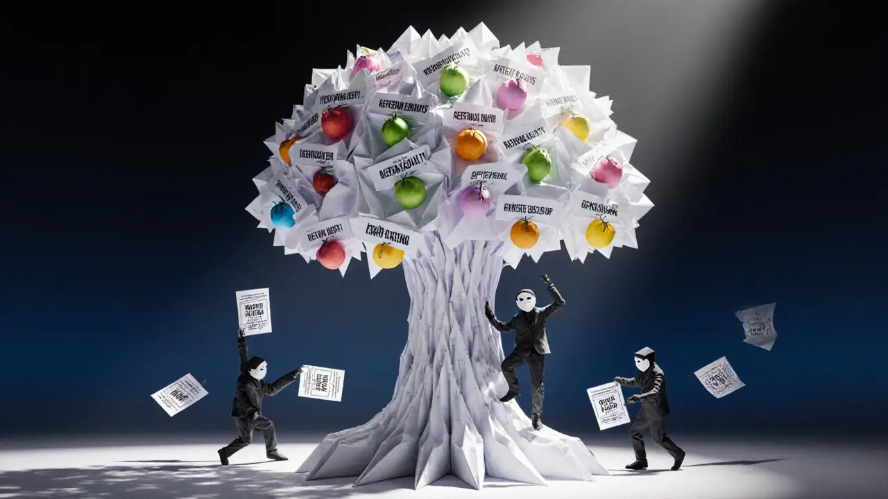 Origami tree with reward fruits, scammers trying to climb it