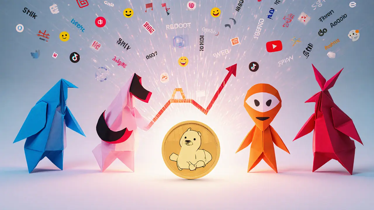Origami Twitter, TikTok, Reddit, and YouTube icons sending data to a Dogecoin chart.