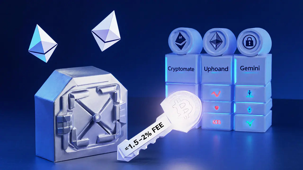 Origami vault and 2FA key beside Bitcoin and Ethereum coins showing 1.5‑2% fee.