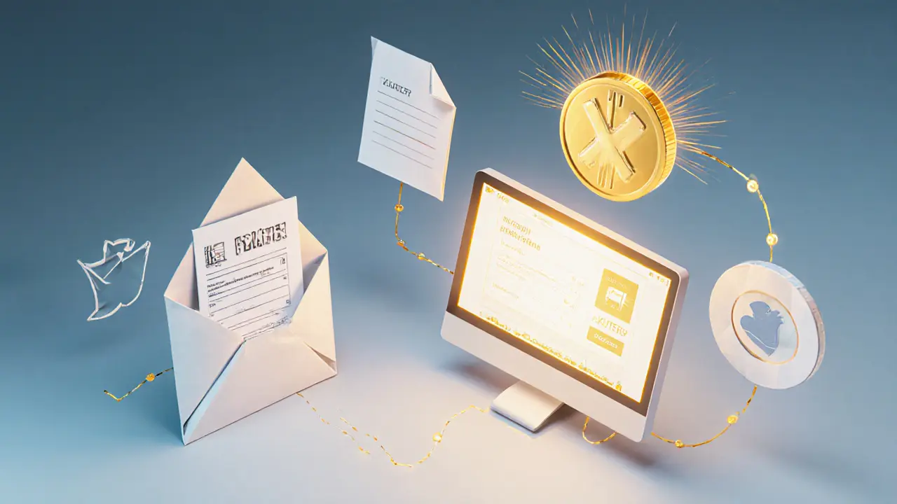 Origami wallet, claim portal, KYC paper, and glowing XSUTER token illustrating claim steps.