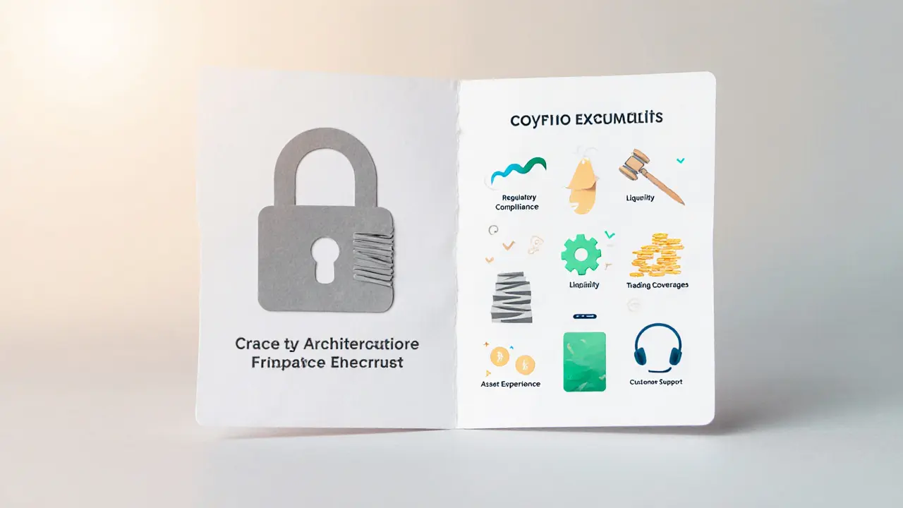 Paper checklist tablet showing icons for security, compliance, liquidity, fees, assets, UX, and support.