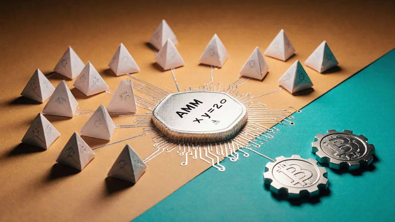 Paper folds representing validators, AMM formula, and Certik badge illustrating Baby Doge Swap architecture.