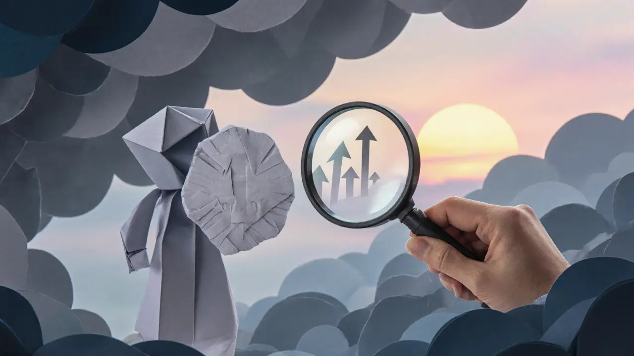 Paper investor examining a HATCH token amid dark risk clouds and a hopeful sunrise.