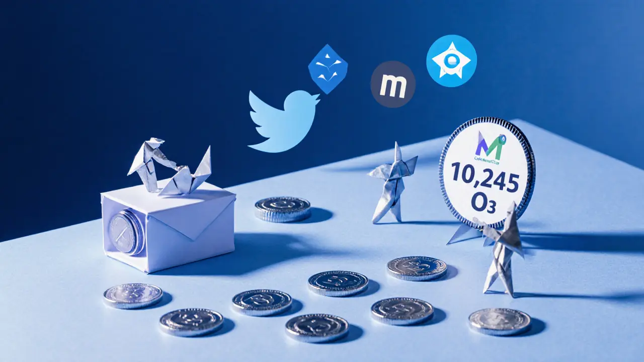 Paper table with scattered origami O3 tokens, tiny figures swapping, and paper social media icons.