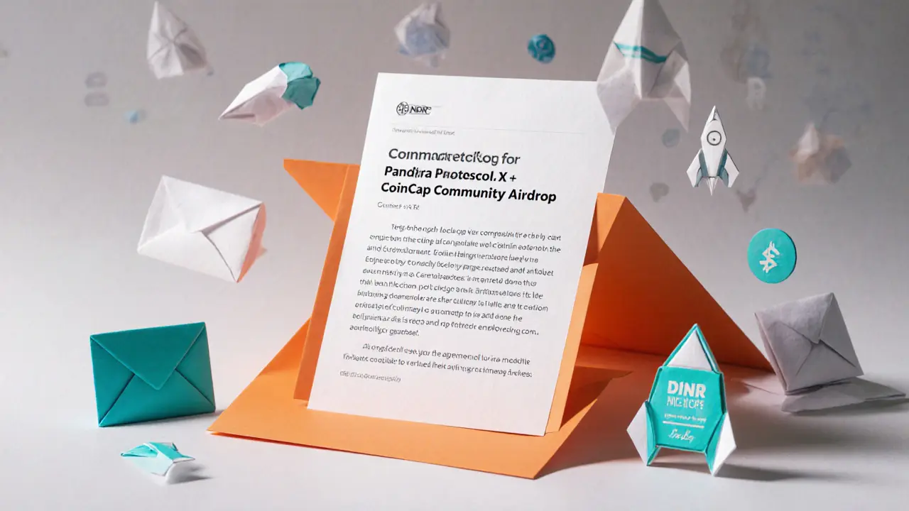 Paper tablet showing a CoinMarketCap airdrop announcement surrounded by origami KYC badge and envelope icons.