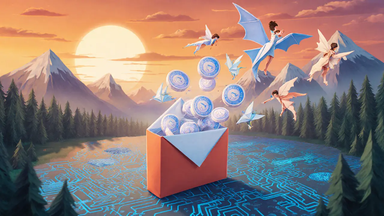 Paper wallet releasing origami tokens shaped as fantasy creatures