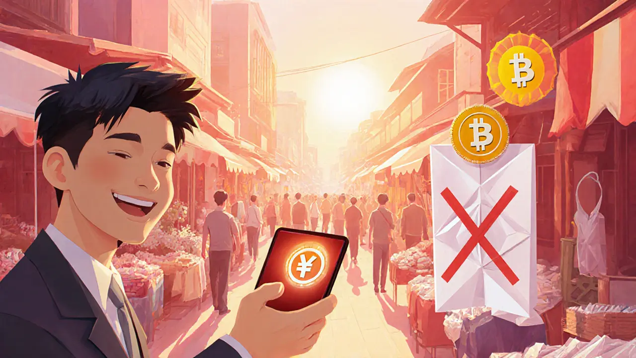 People using origami smartphones to pay with Digital Yuan, Bitcoin symbol crossed out.