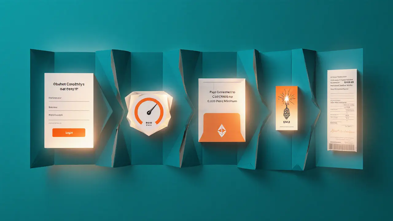 Series of origami panels illustrating login, wallet connection, balance check, gas fee, and transaction receipt.