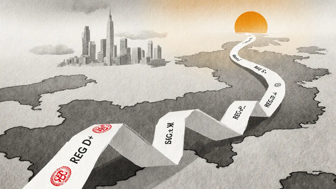 Three folded paper legal pathways through U.S. states under SEC regulations.