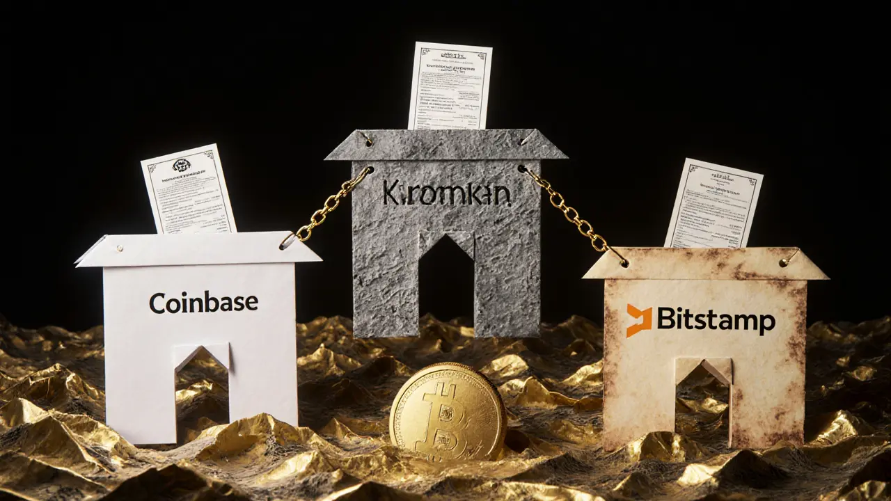 Three paper exchanges connected by audit chains, floating above a storm of price graphs.