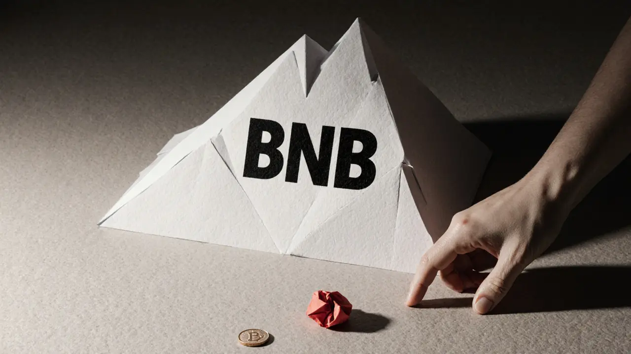 Tiny crumpled BTTY coin beneath a massive paper BNB mountain, hand reaching from shadows.