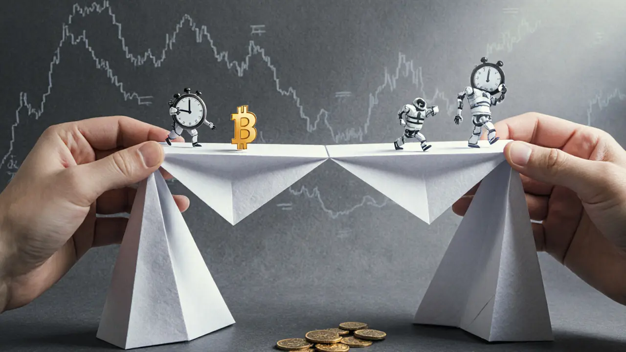 A fragile origami bridge of crypto pairs bending, with tiny bots crossing as profit slips away.