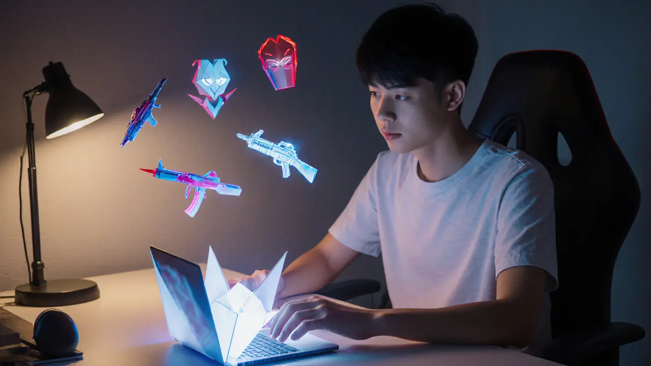 A gamer folding a paper laptop that becomes an NFT marketplace with floating gear and AI judges.