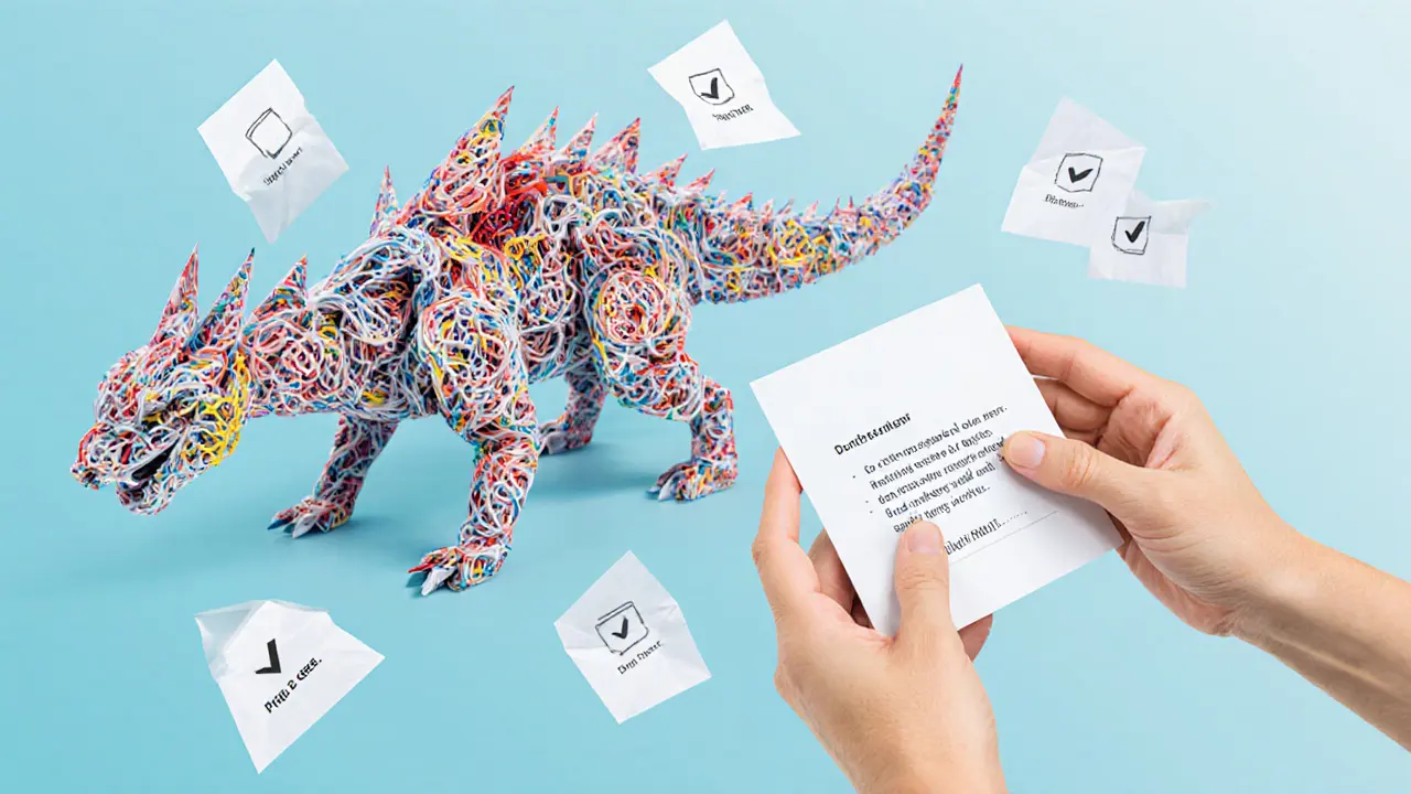 A paper fraud monster being folded into a harmless square by clean hands with checkmarks nearby.