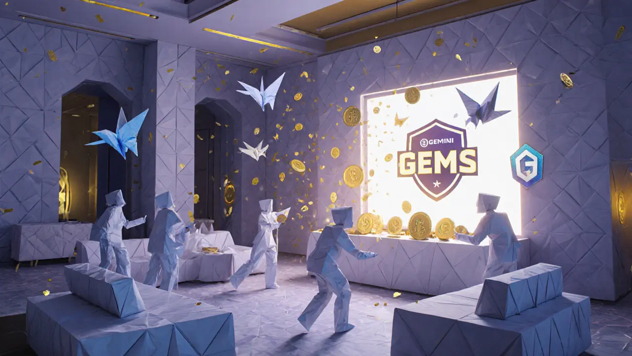 A paper hotel lobby where origami players compete under a glowing screen, tokens falling as confetti.