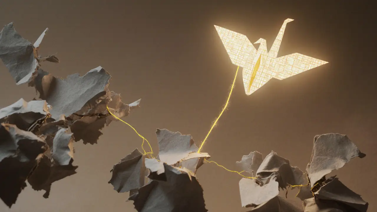 Broken paper chain vs. glowing origami crane symbolizing trust in blockchain